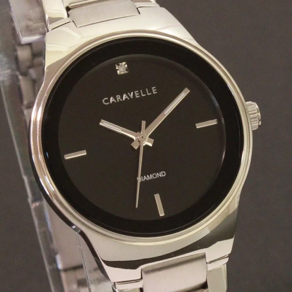 Caravelle Ladies Watch By Bulova Black Dial Diamond 12:00 Stainless 30mm